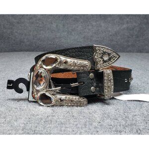Nocona Western Belt Womens L Black Adjustable Rhinestone Genuine Leather Studded